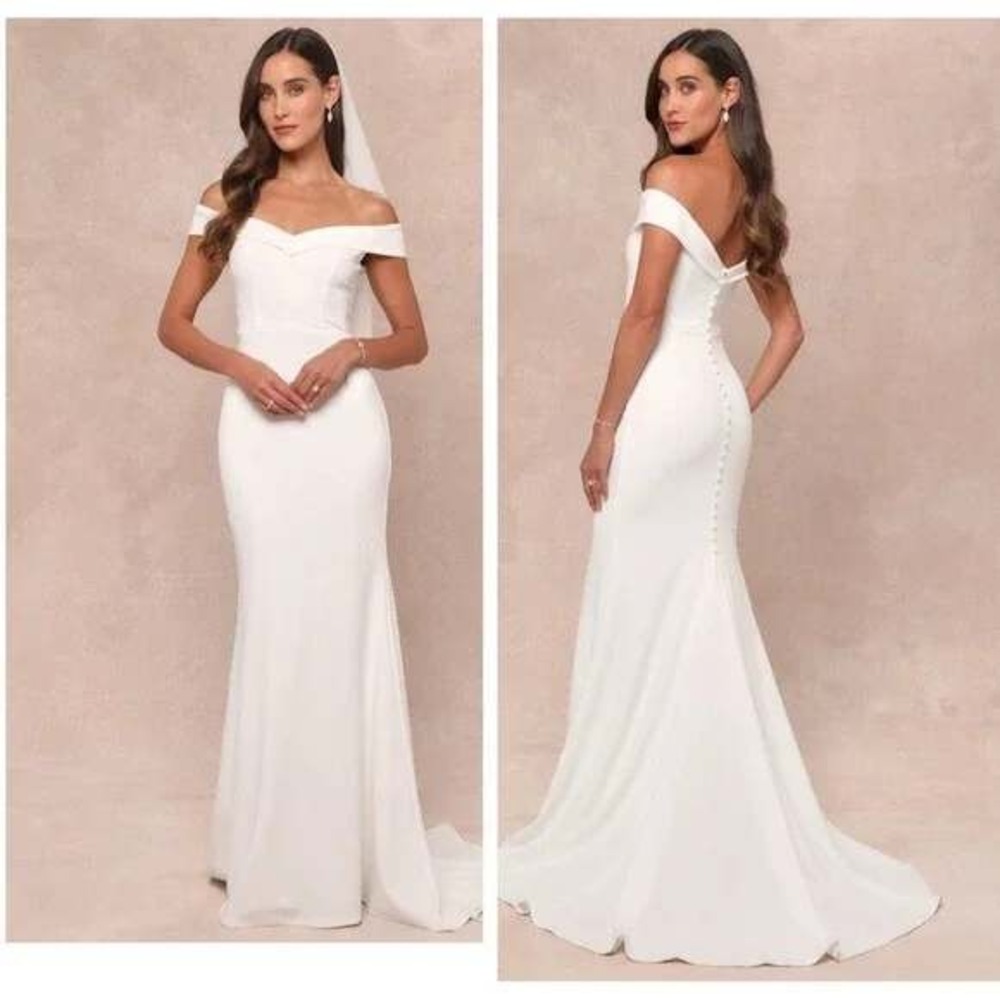 Lulus Arienne White Off-the-Shoulder Mermaid‎ Maxi Wedding Dress Size Large